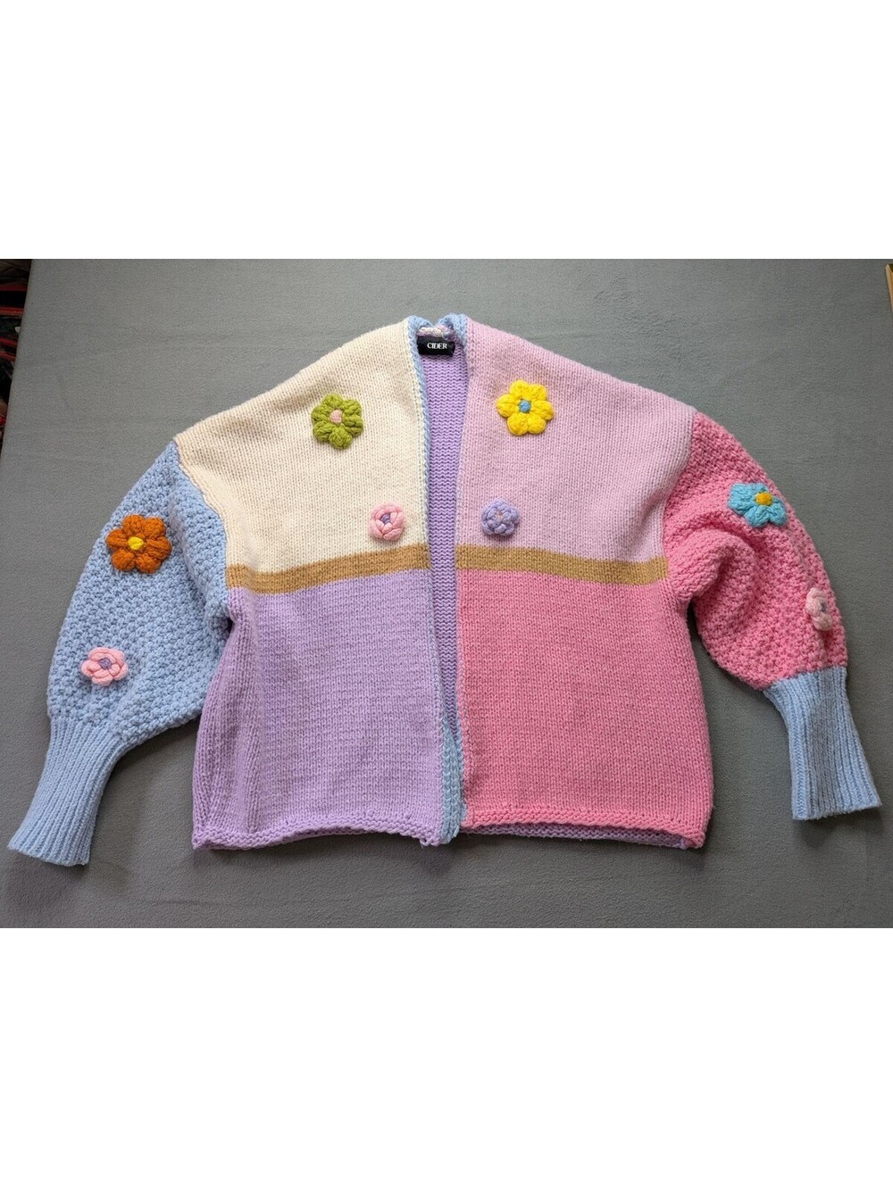 Cider Sweater Cardigan Womens Plus 1X Multicolor Crochet Flower Balloon Sleeve